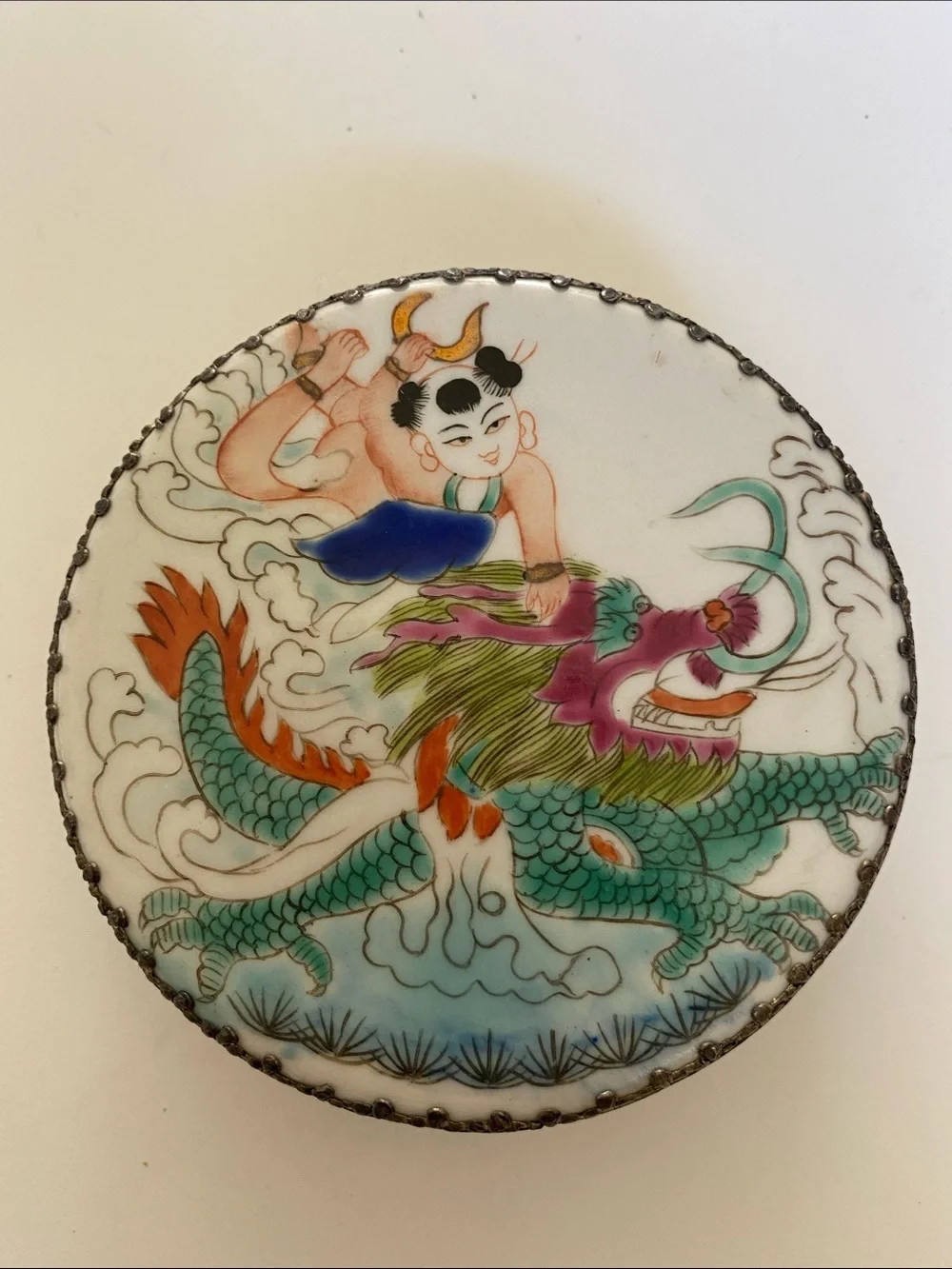 Vintage Asian Hand Painted Porcelain Shard Top Silver Tone Round Trinket Box